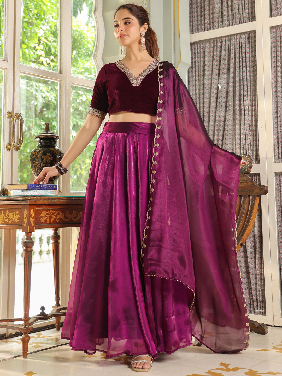 Purple Organza Zari Embroidered Pleated Lehenga Choli Set  - By Janasya