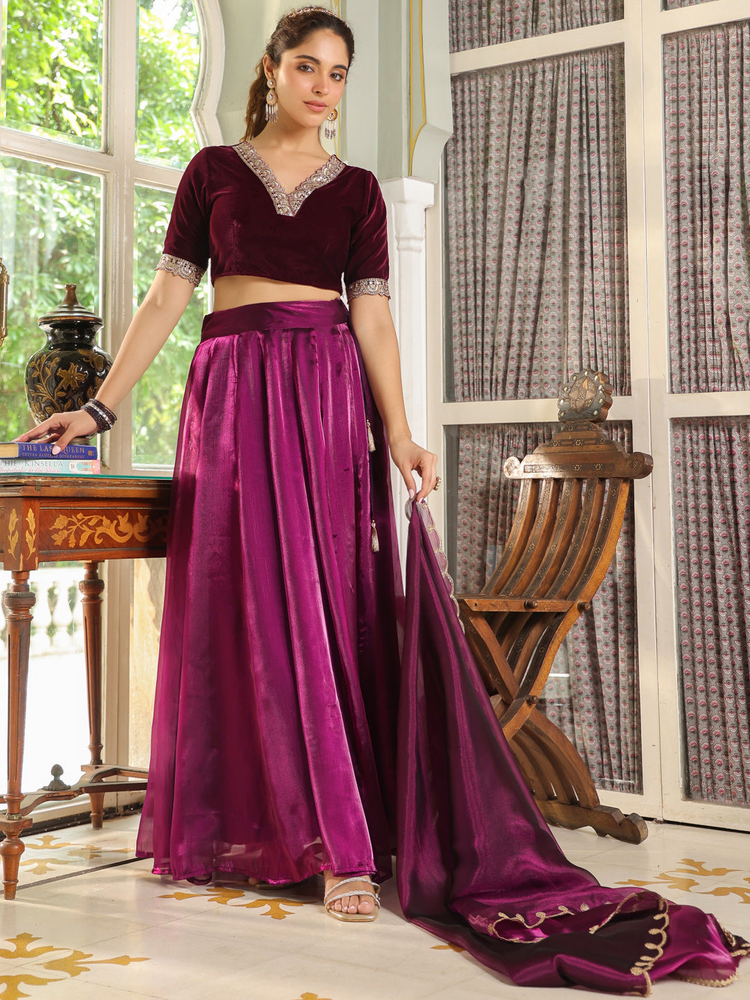 Purple Organza Zari Embroidered Pleated Lehenga Choli Set  - By Janasya