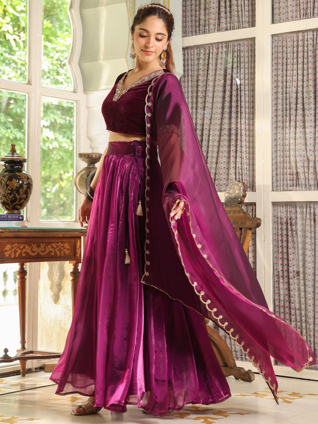 Purple Organza Zari Embroidered Pleated Lehenga Choli Set  - By Janasya