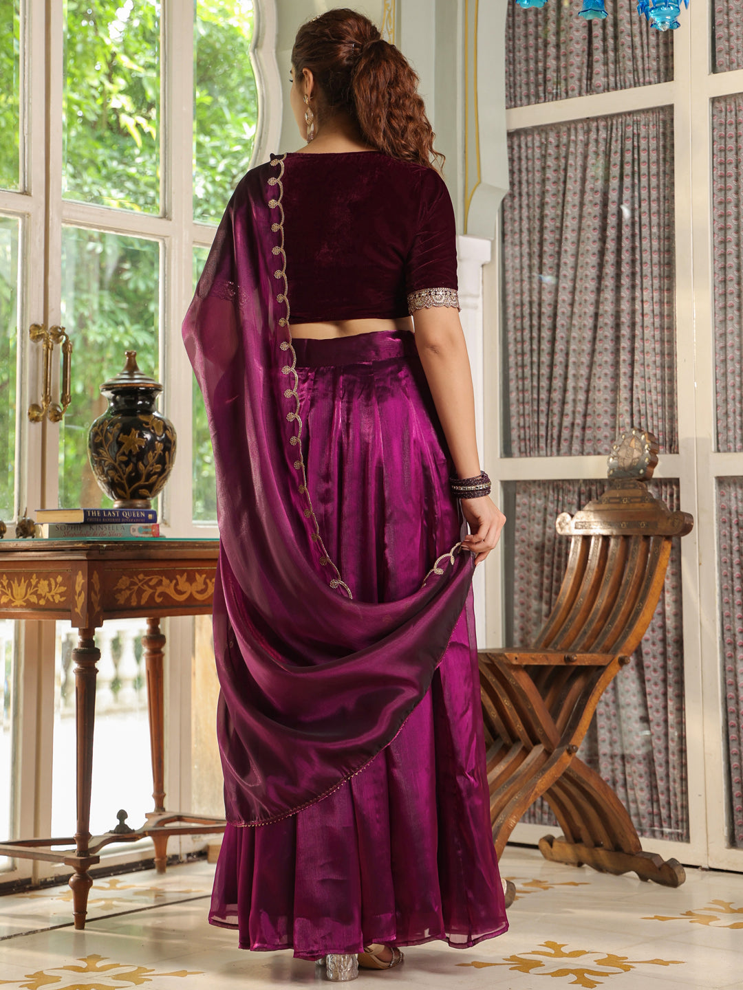 Purple Organza Zari Embroidered Pleated Lehenga Choli Set  - By Janasya