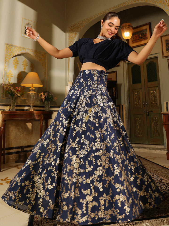 Navy Blue Silk Blend Brocade Panelled Lehenga Choli Set  - By Janasya