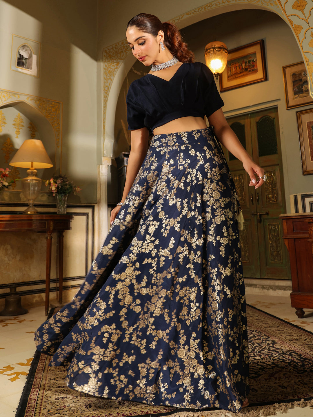 Navy Blue Silk Blend Brocade Panelled Lehenga Choli Set  - By Janasya