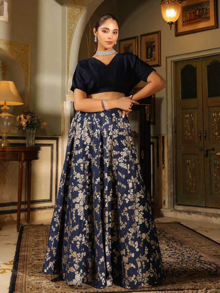 Navy Blue Silk Blend Brocade Panelled Lehenga Choli Set  - By Janasya