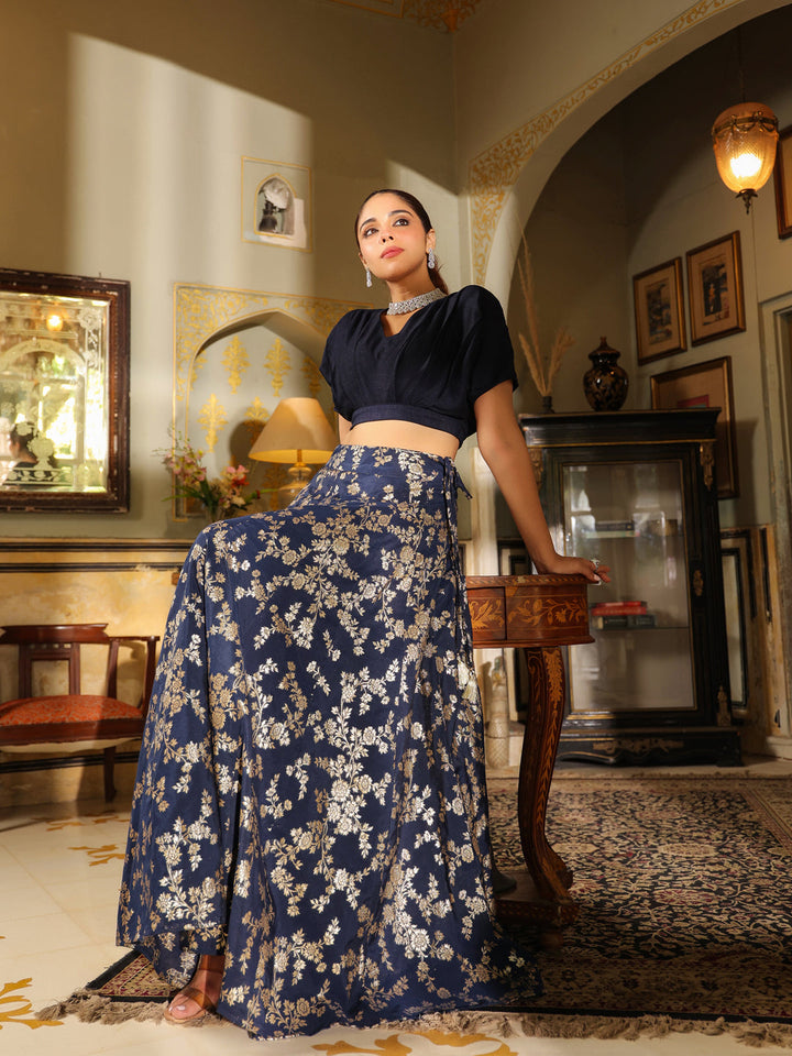 Navy Blue Silk Blend Brocade Panelled Lehenga Choli Set  - By Janasya