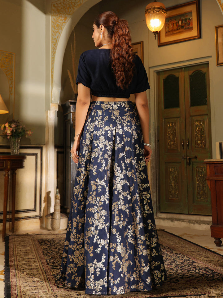 Navy Blue Silk Blend Brocade Panelled Lehenga Choli Set  - By Janasya