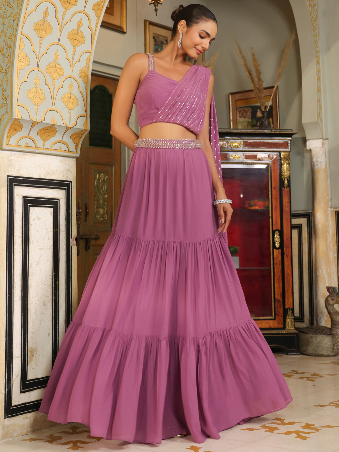 Lavender Georgette Embellished Tiered Ready To Wear Lehenga Choli Set  - By Janasya