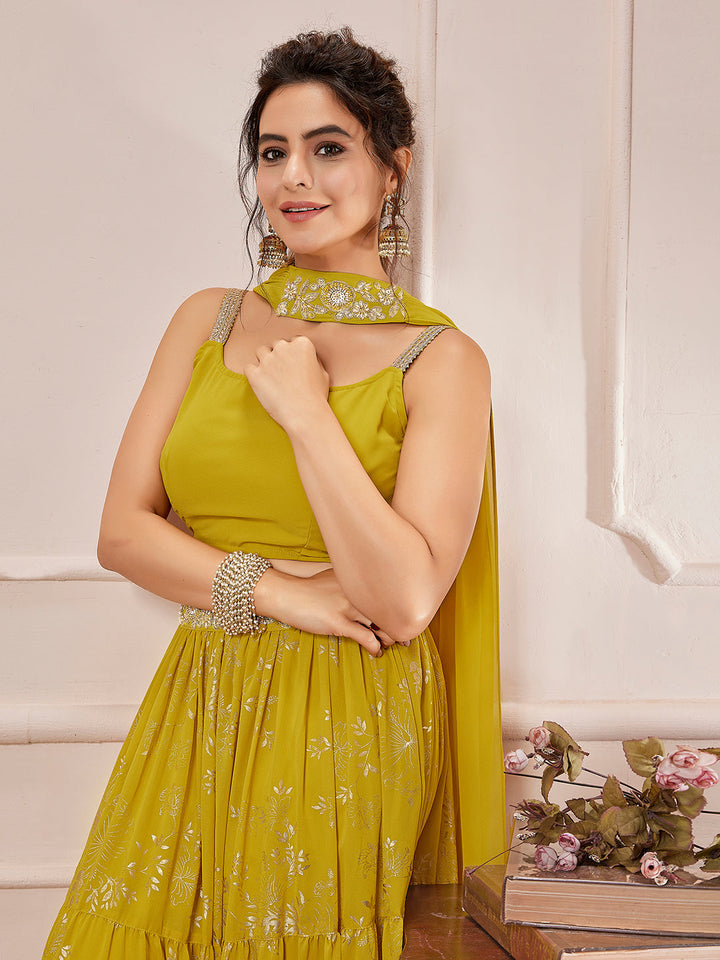 Yellow Georgette Embellished Foil Printed Tiered Lehenga Choli Set  - By Janasya