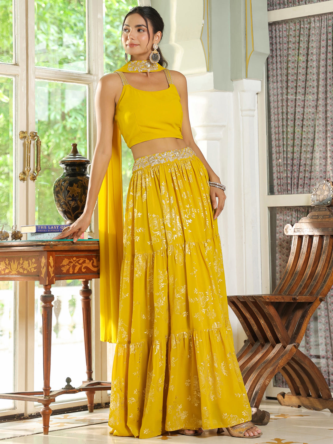 Yellow Georgette Embellished Foil Printed Tiered Lehenga Choli Set  - By Janasya