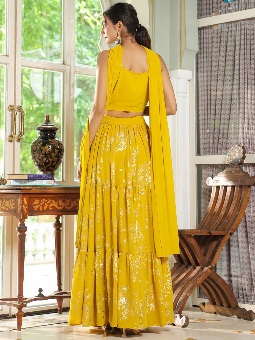 Yellow Georgette Embellished Foil Printed Tiered Lehenga Choli Set  - By Janasya