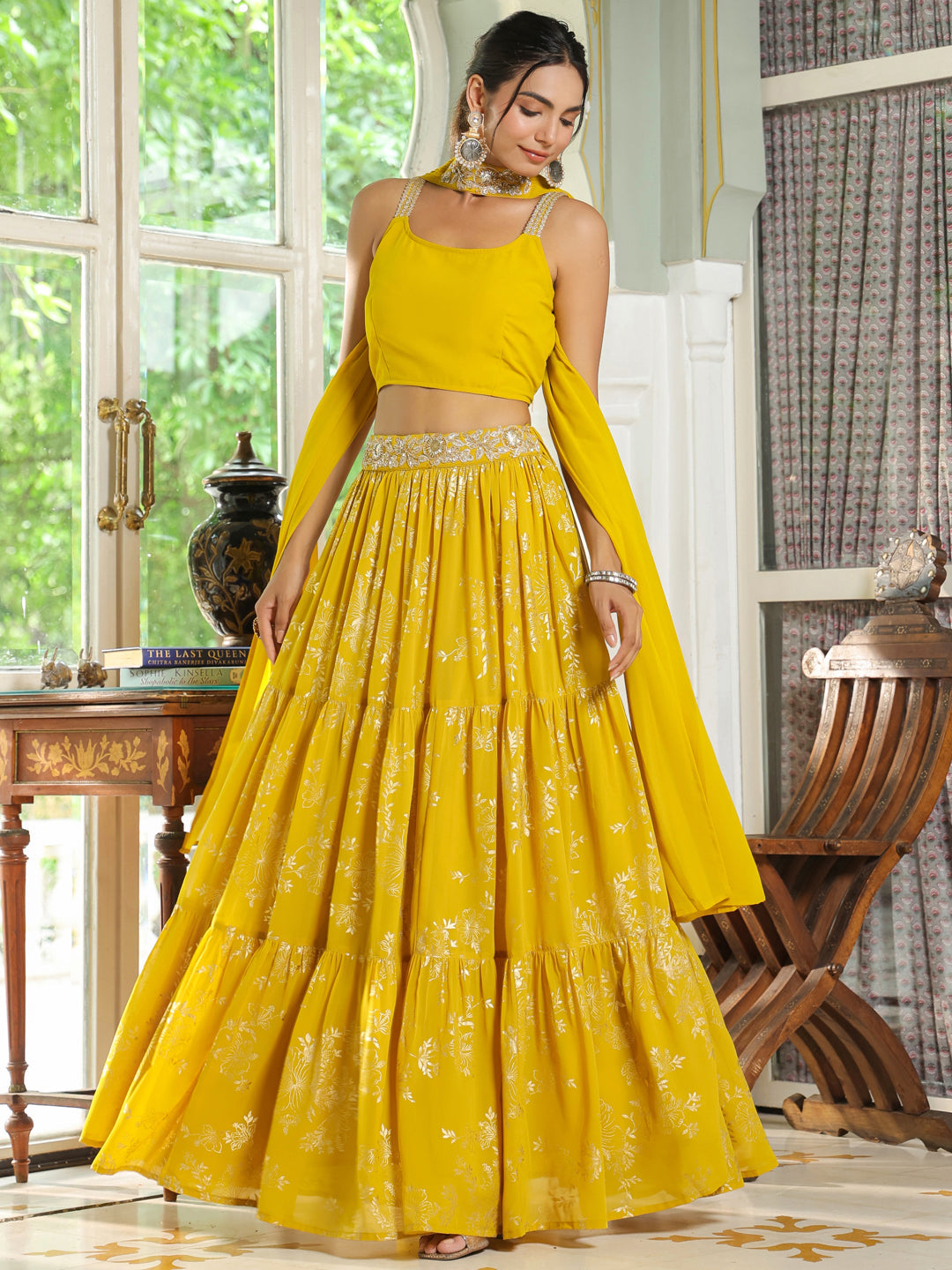 Yellow Georgette Embellished Foil Printed Tiered Lehenga Choli Set  - By Janasya