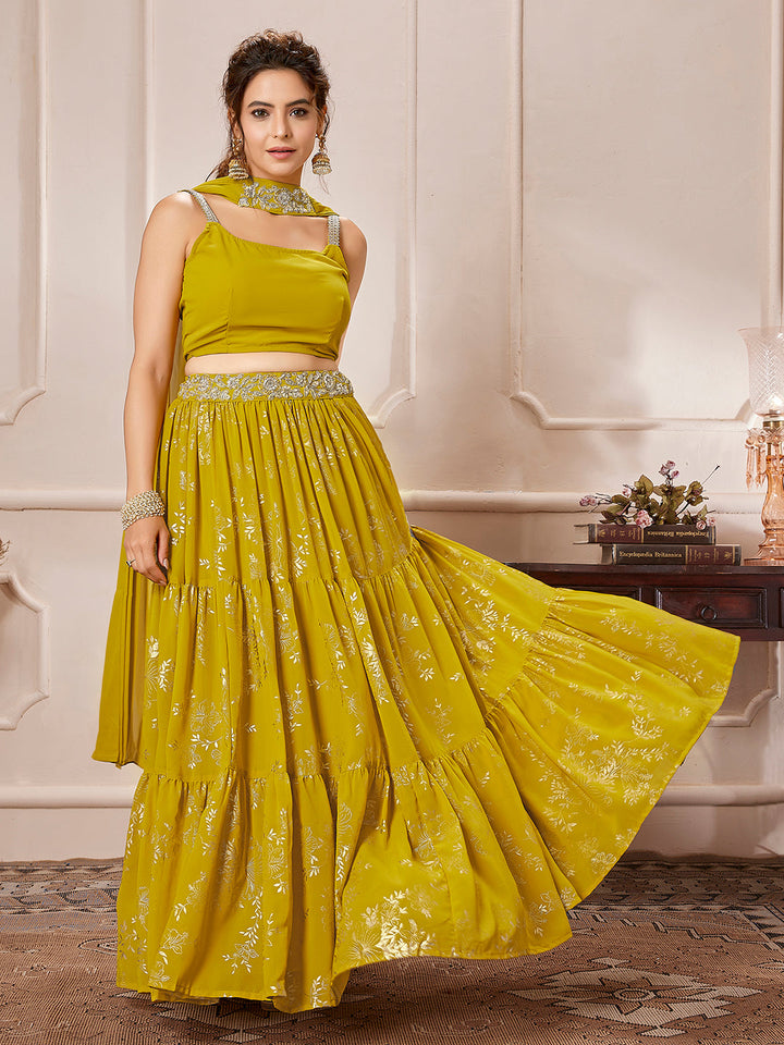 Yellow Georgette Embellished Foil Printed Tiered Lehenga Choli Set  - By Janasya