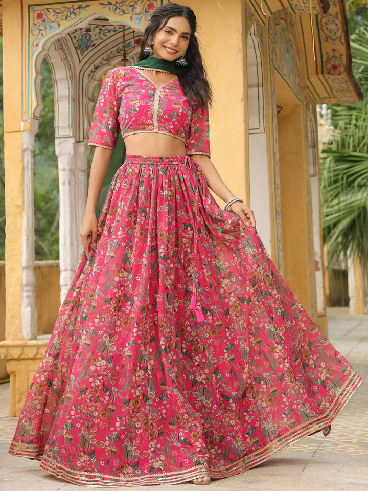 Pink Georgette Floral Printed Gathered Lehenga Choli Set  - By Janasya