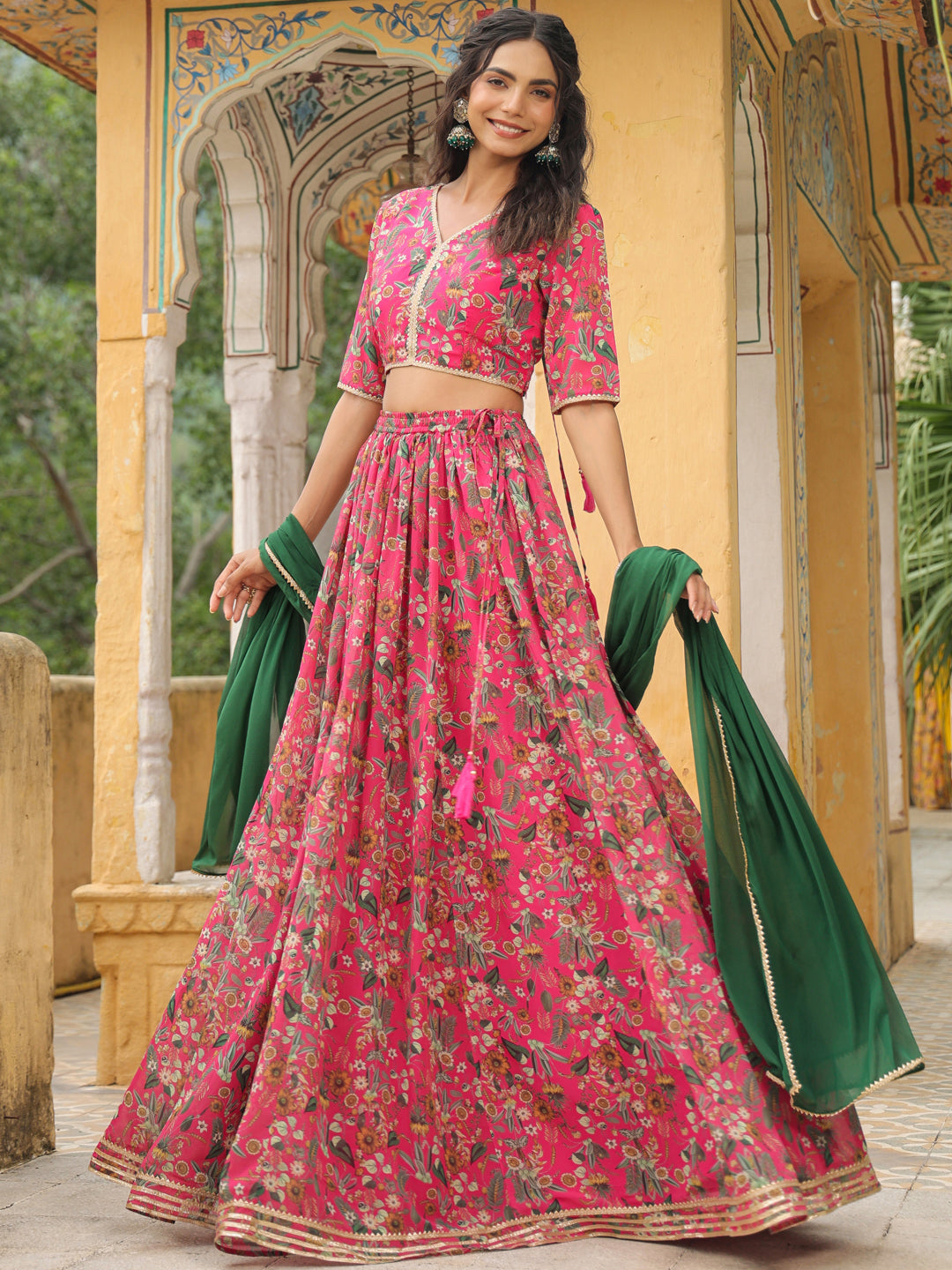 Pink Georgette Floral Printed Gathered Lehenga Choli Set  - By Janasya