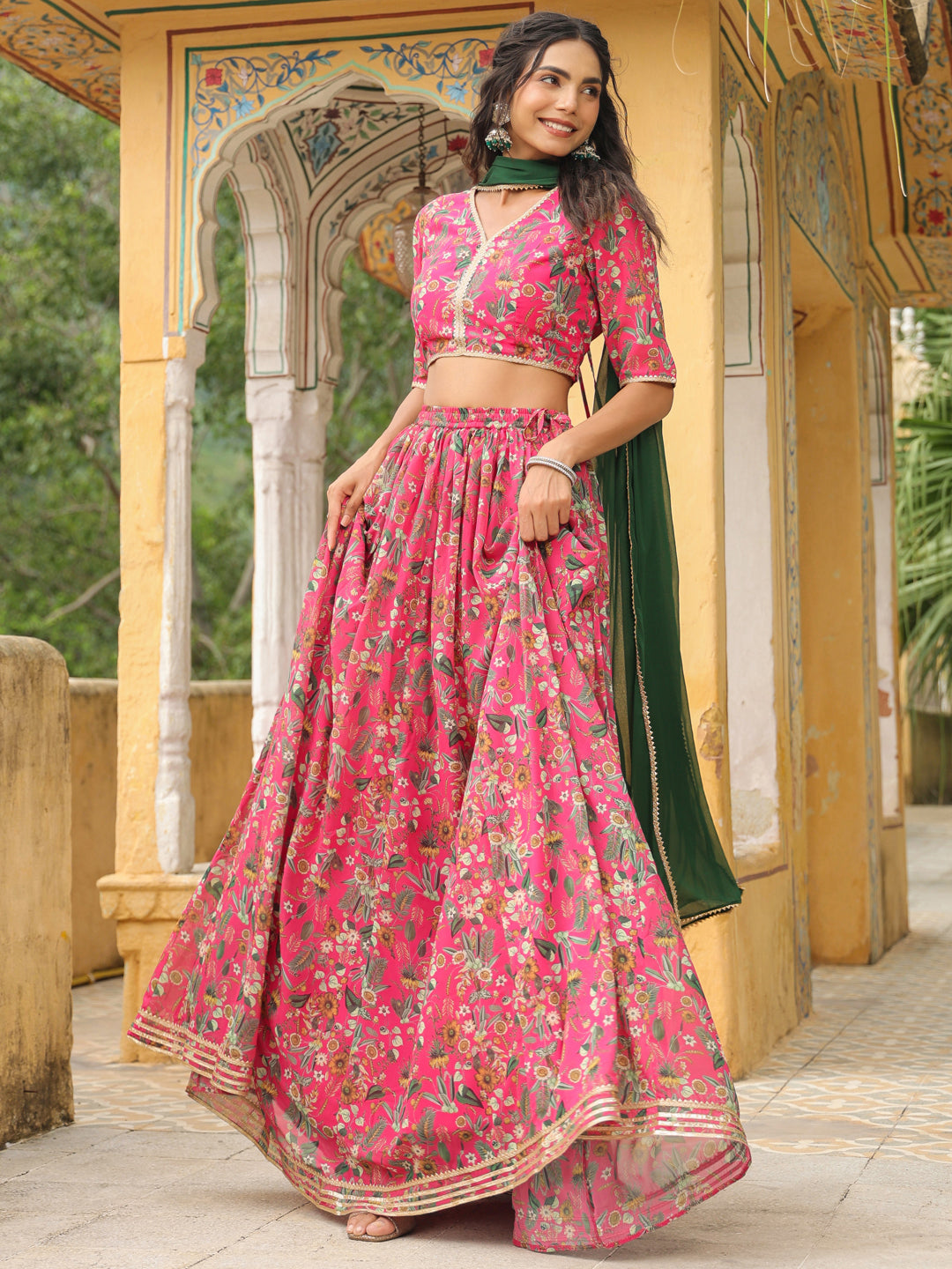 Pink Georgette Floral Printed Gathered Lehenga Choli Set  - By Janasya