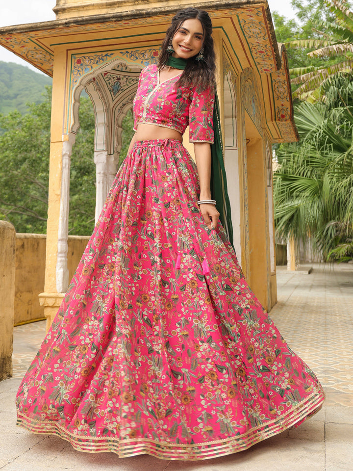 Pink Georgette Floral Printed Gathered Lehenga Choli Set  - By Janasya