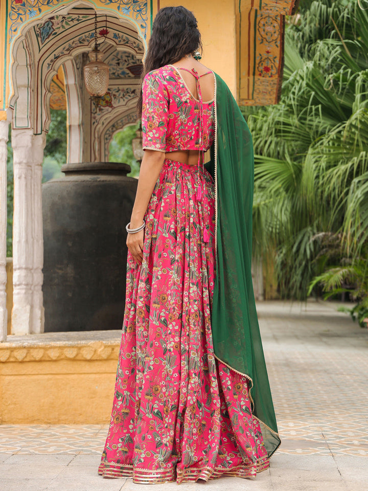 Pink Georgette Floral Printed Gathered Lehenga Choli Set  - By Janasya