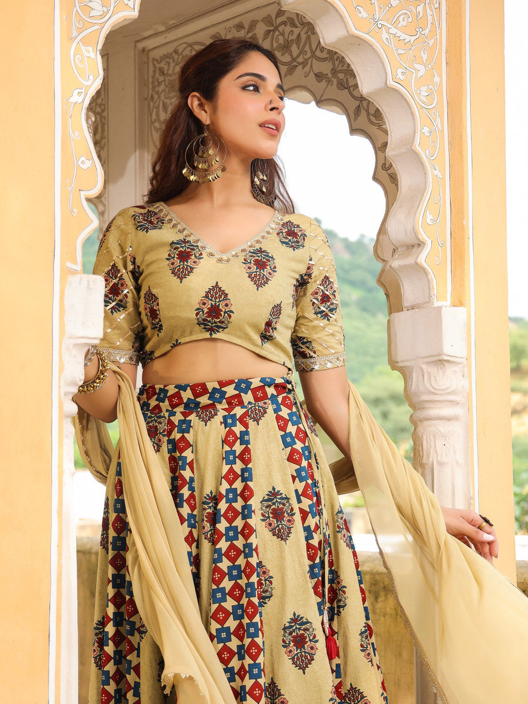 Beige Pure Cotton Ethnic Motifs Printed Lehenga Choli with Dupatta Set  - By Janasya