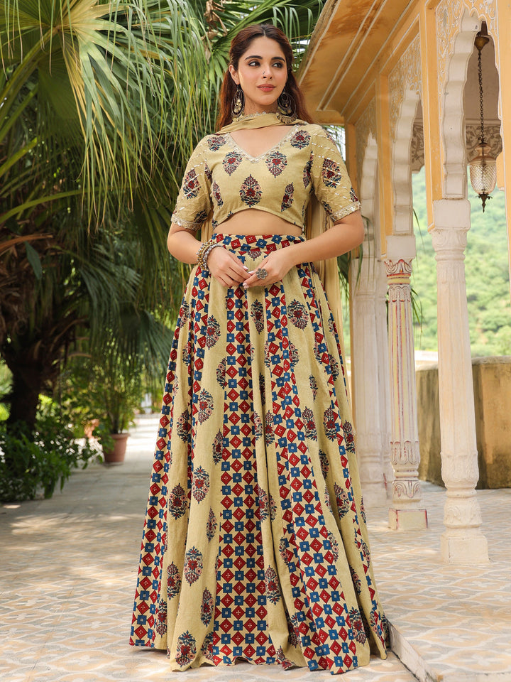 Beige Pure Cotton Ethnic Motifs Printed Lehenga Choli with Dupatta Set  - By Janasya