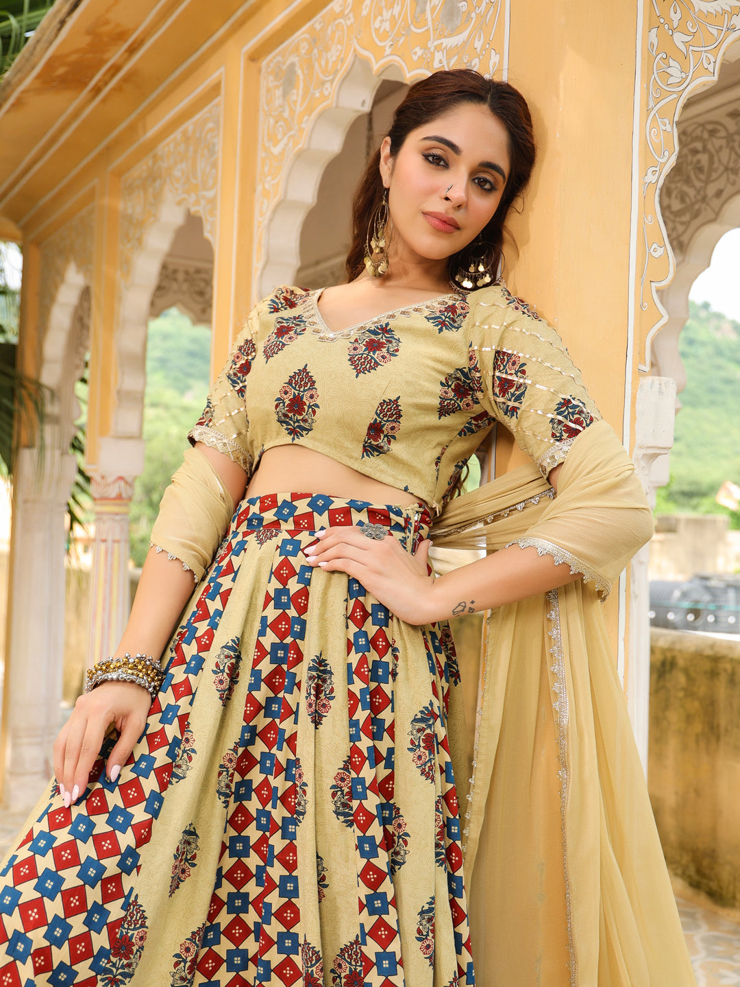 Beige Pure Cotton Ethnic Motifs Printed Lehenga Choli with Dupatta Set  - By Janasya