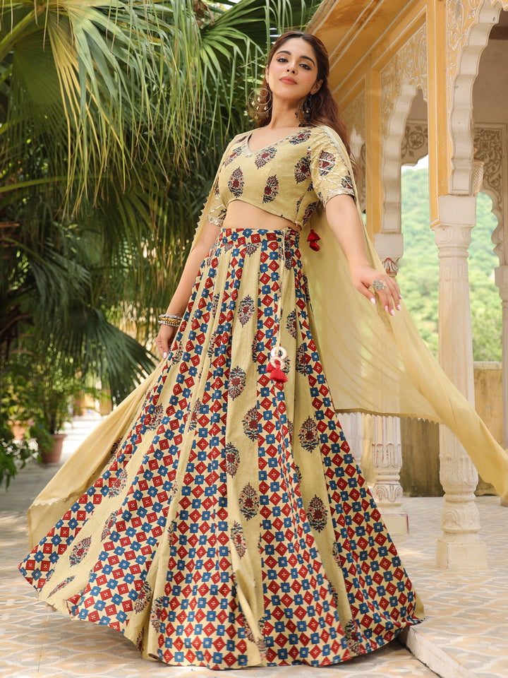 Beige Pure Cotton Ethnic Motifs Printed Lehenga Choli with Dupatta Set  - By Janasya