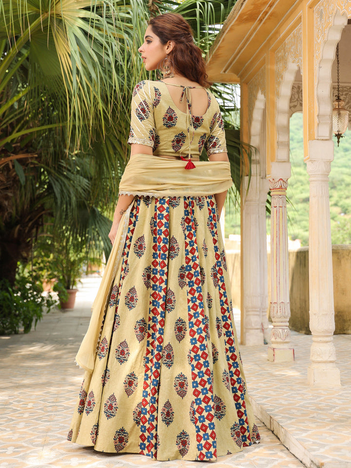 Beige Pure Cotton Ethnic Motifs Printed Lehenga Choli with Dupatta Set  - By Janasya