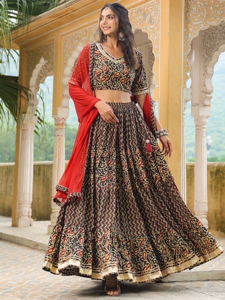 Black Pure Cotton Batik Printed Tiered Lehenga Choli Set  - By Janasya