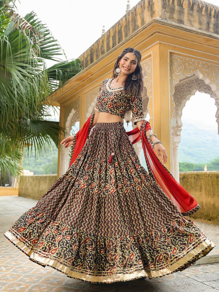 Black Pure Cotton Batik Printed Tiered Lehenga Choli Set  - By Janasya