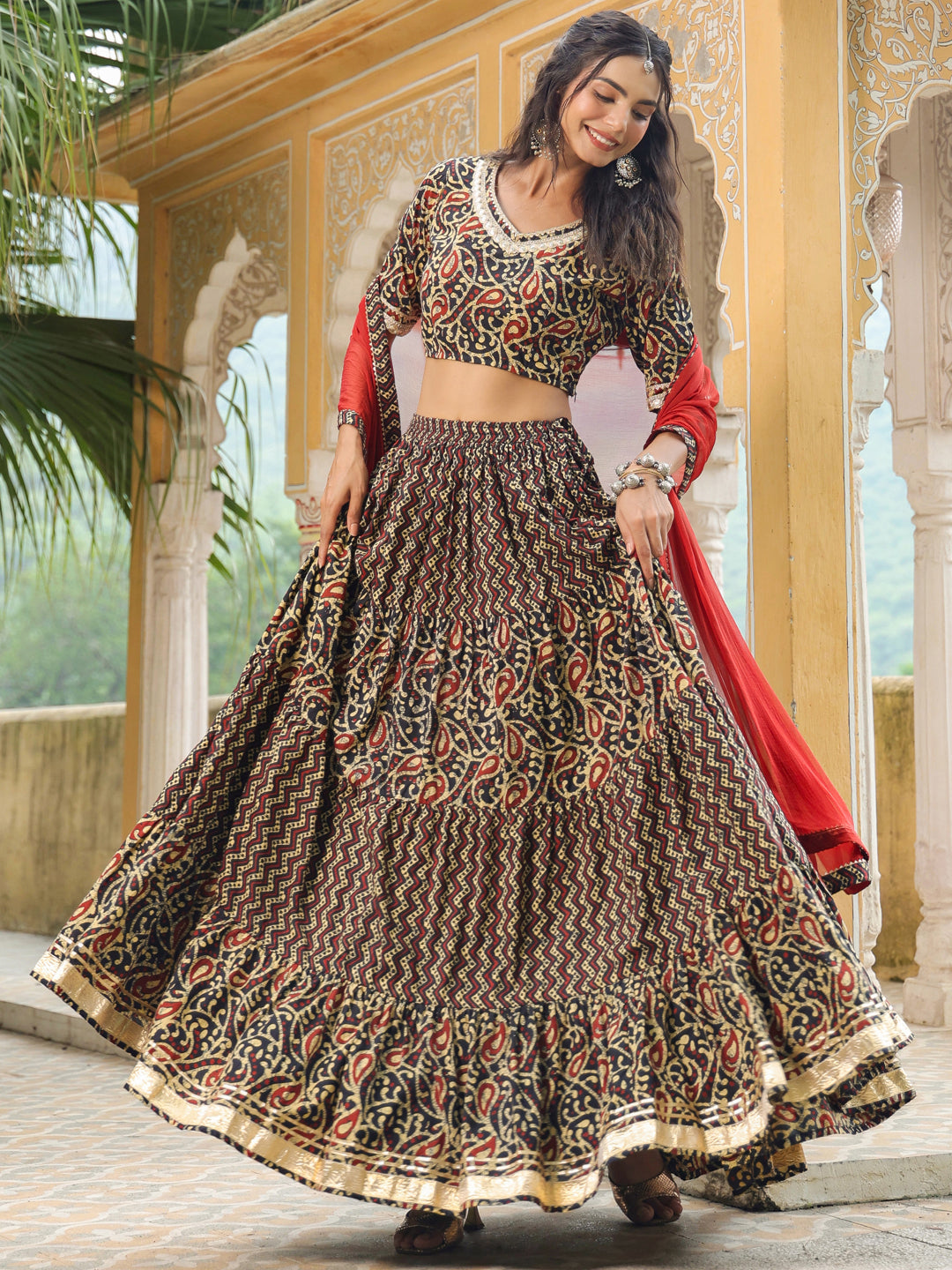 Black Pure Cotton Batik Printed Tiered Lehenga Choli Set  - By Janasya