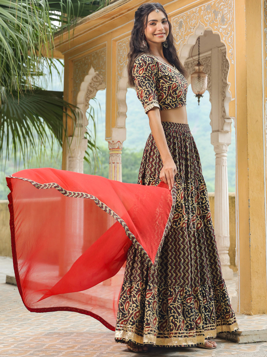 Black Pure Cotton Batik Printed Tiered Lehenga Choli Set  - By Janasya