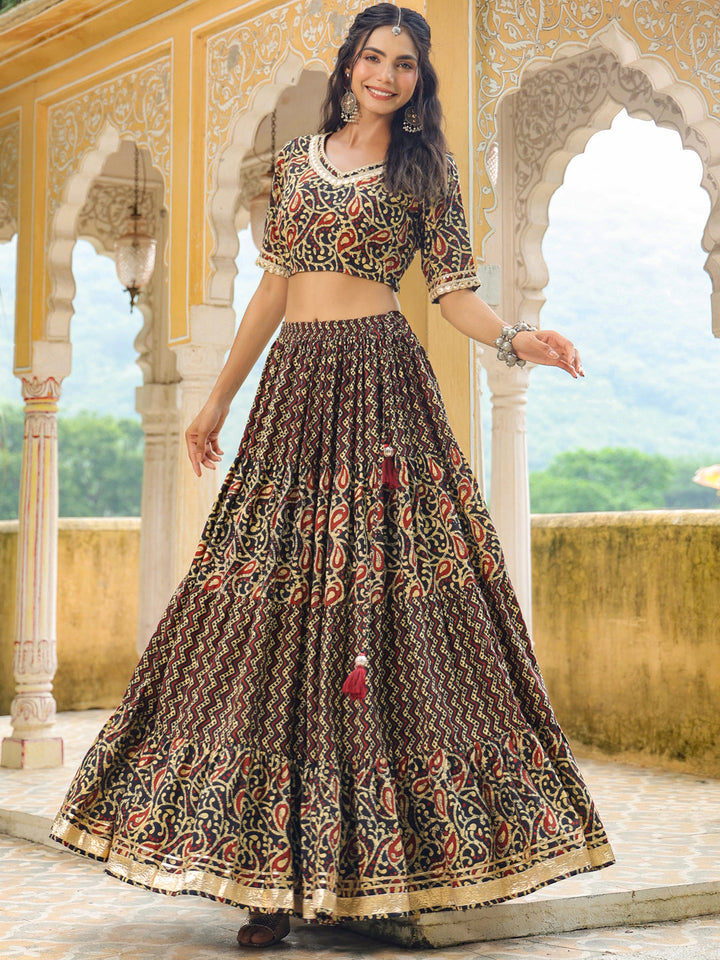 Black Pure Cotton Batik Printed Tiered Lehenga Choli Set  - By Janasya