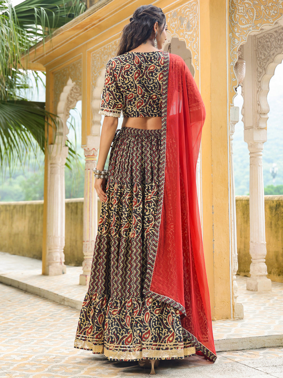 Black Pure Cotton Batik Printed Tiered Lehenga Choli Set  - By Janasya