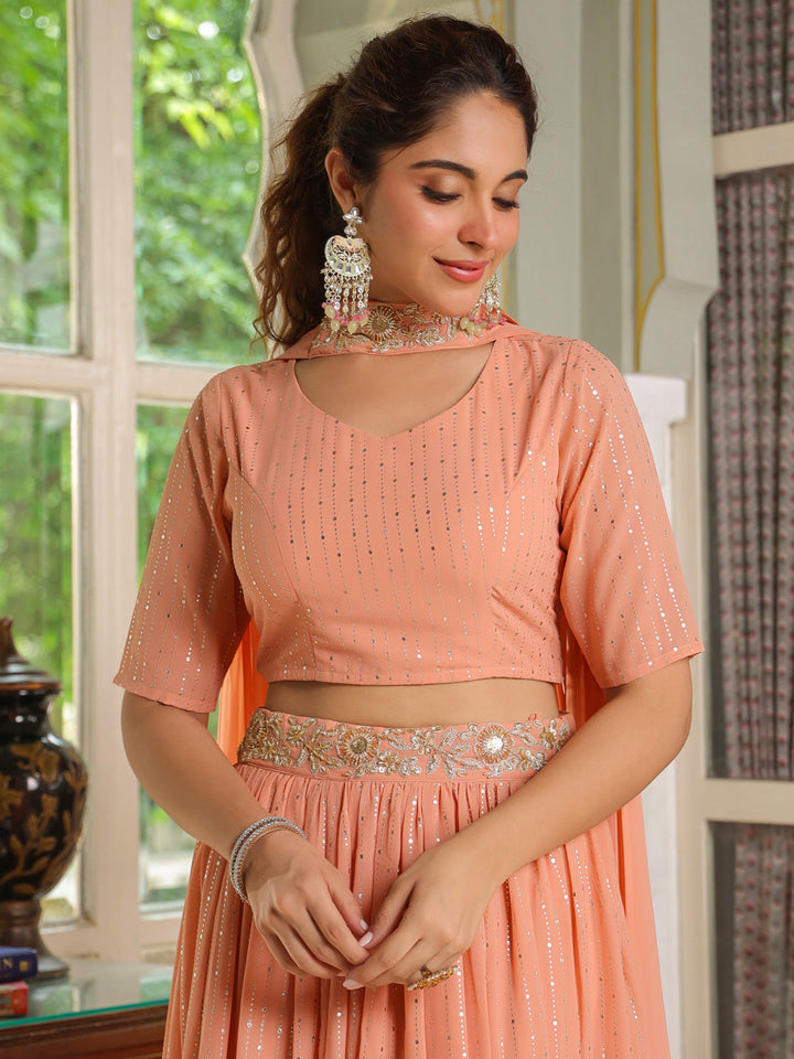 Peach Georgette Foil Printed Gathered Embellished Lehenga Choli Set  - By Janasya