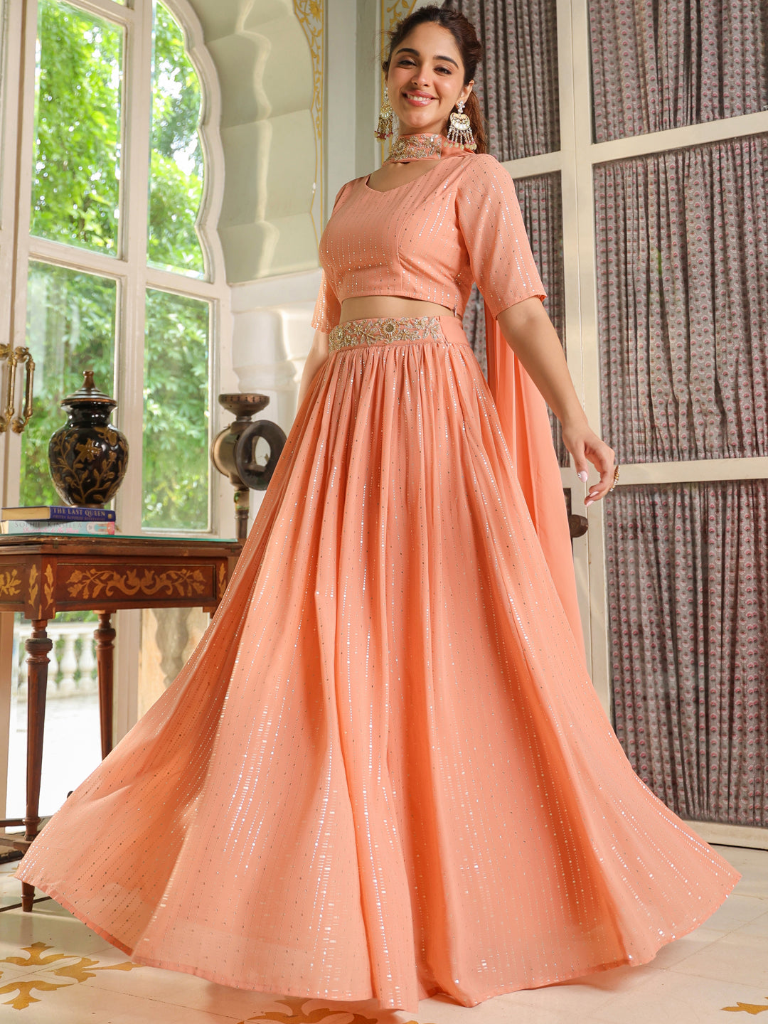 Peach Georgette Foil Printed Gathered Embellished Lehenga Choli Set  - By Janasya