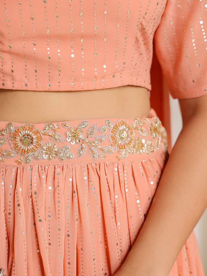 Peach Georgette Foil Printed Gathered Embellished Lehenga Choli Set  - By Janasya