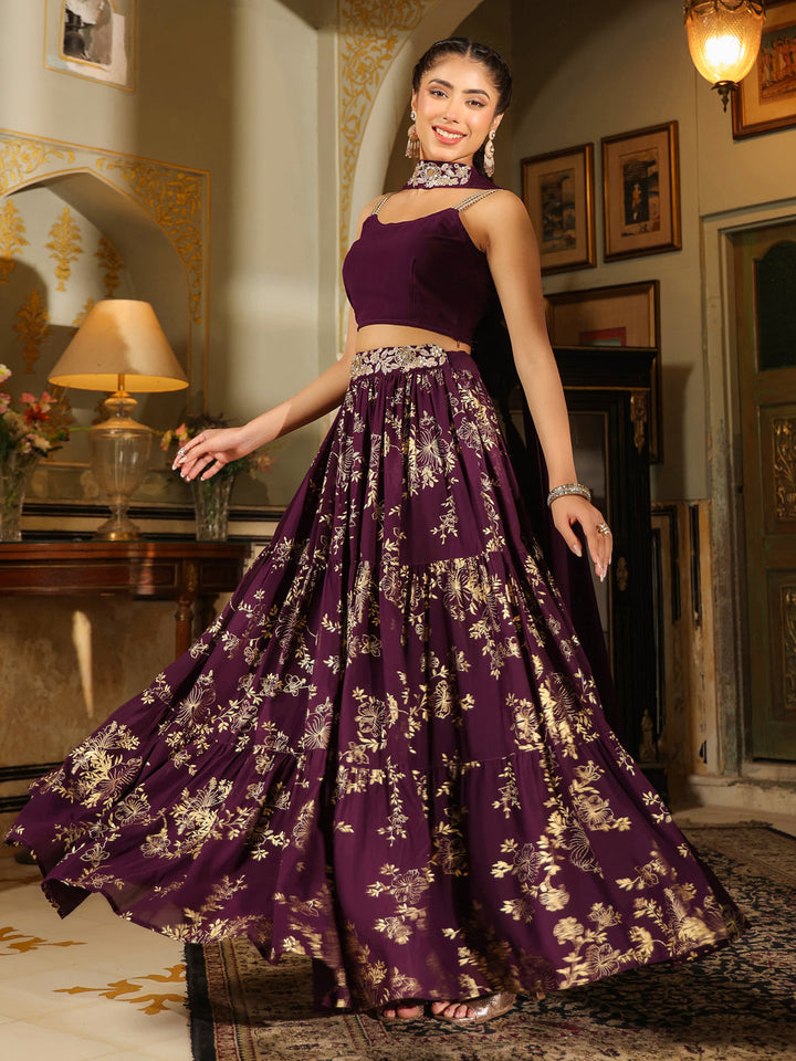 Purple Georgette Embellished Foil Printed Tiered Lehenga Choli Set  - By Janasya