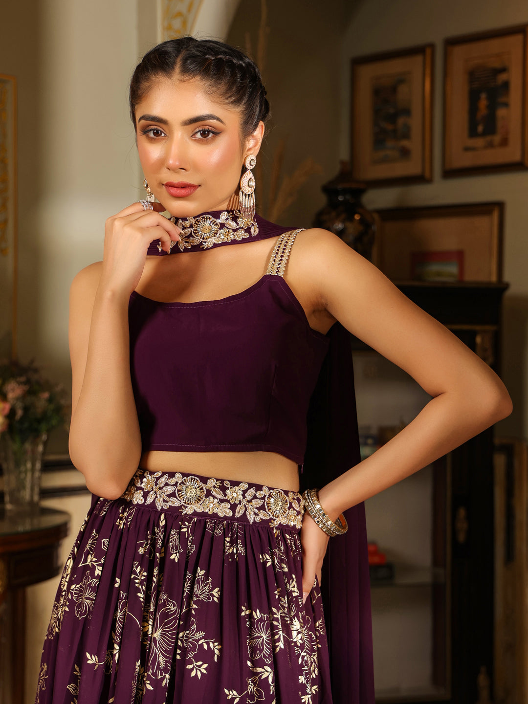 Purple Georgette Embellished Foil Printed Tiered Lehenga Choli Set  - By Janasya