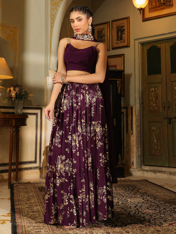 Purple Georgette Embellished Foil Printed Tiered Lehenga Choli Set  - By Janasya