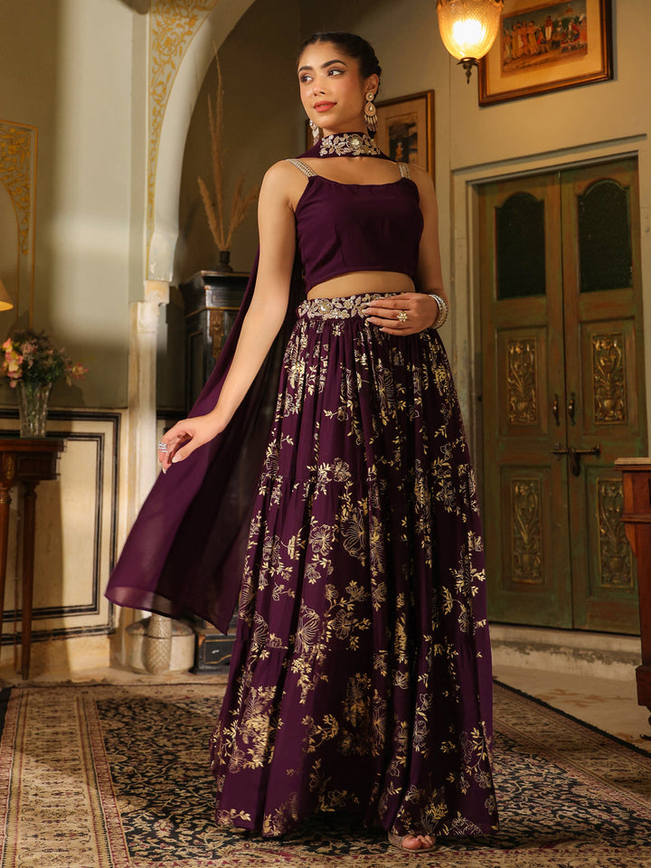 Purple Georgette Embellished Foil Printed Tiered Lehenga Choli Set  - By Janasya