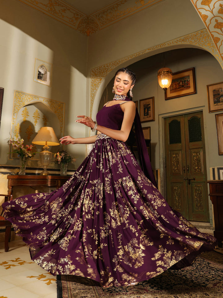 Purple Georgette Embellished Foil Printed Tiered Lehenga Choli Set  - By Janasya