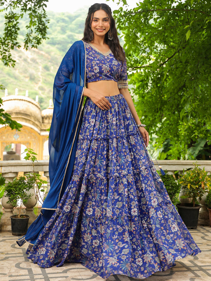 Blue Georgette Floral Printed Tiered Lehenga Choli Set  - By Janasya