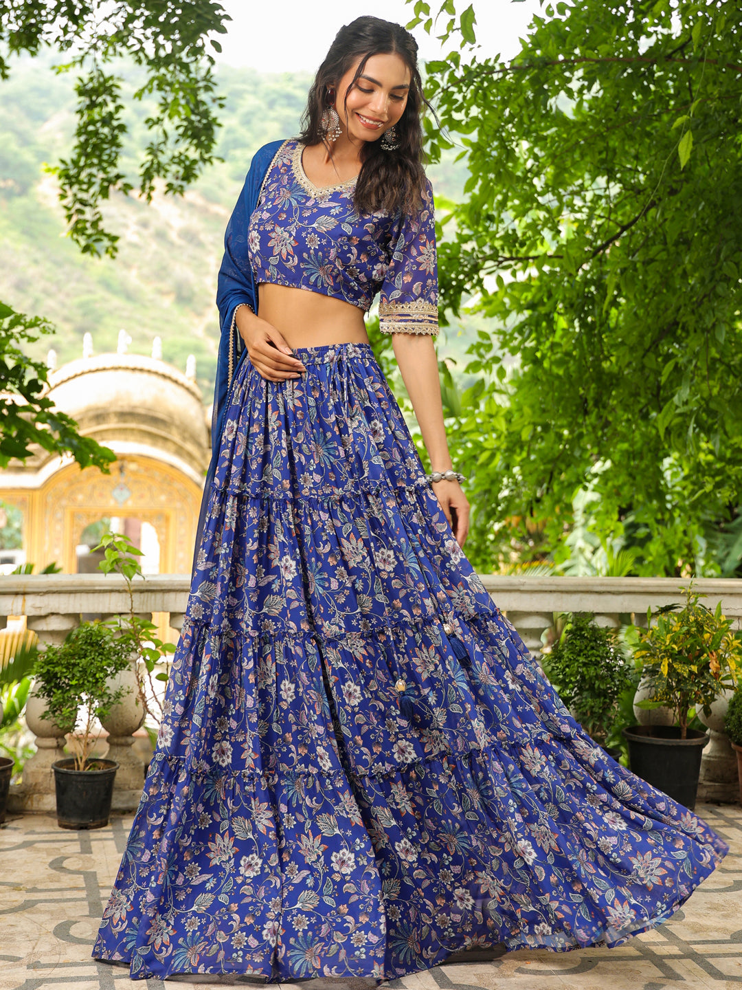 Blue Georgette Floral Printed Tiered Lehenga Choli Set  - By Janasya