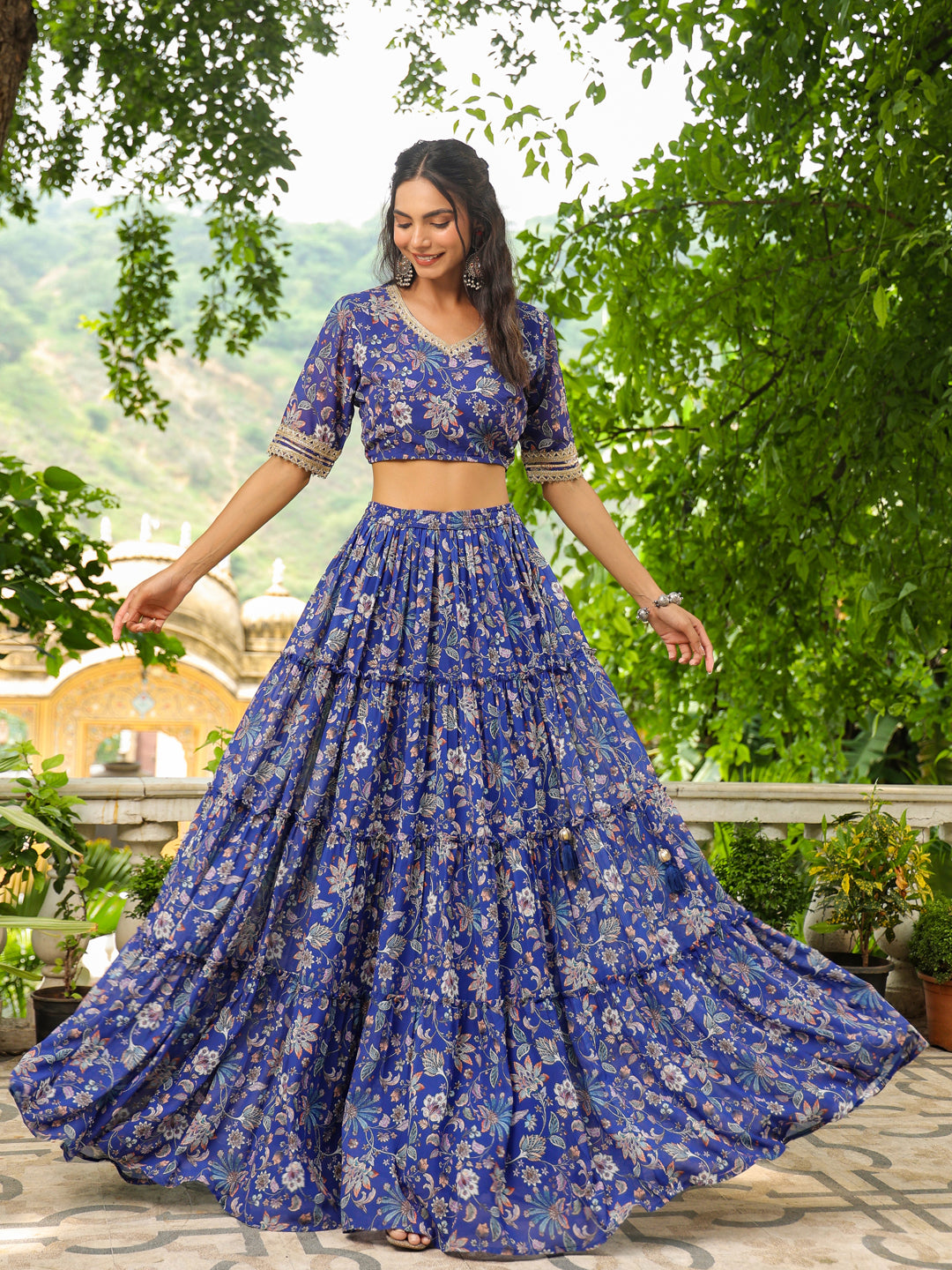 Blue Georgette Floral Printed Tiered Lehenga Choli Set  - By Janasya