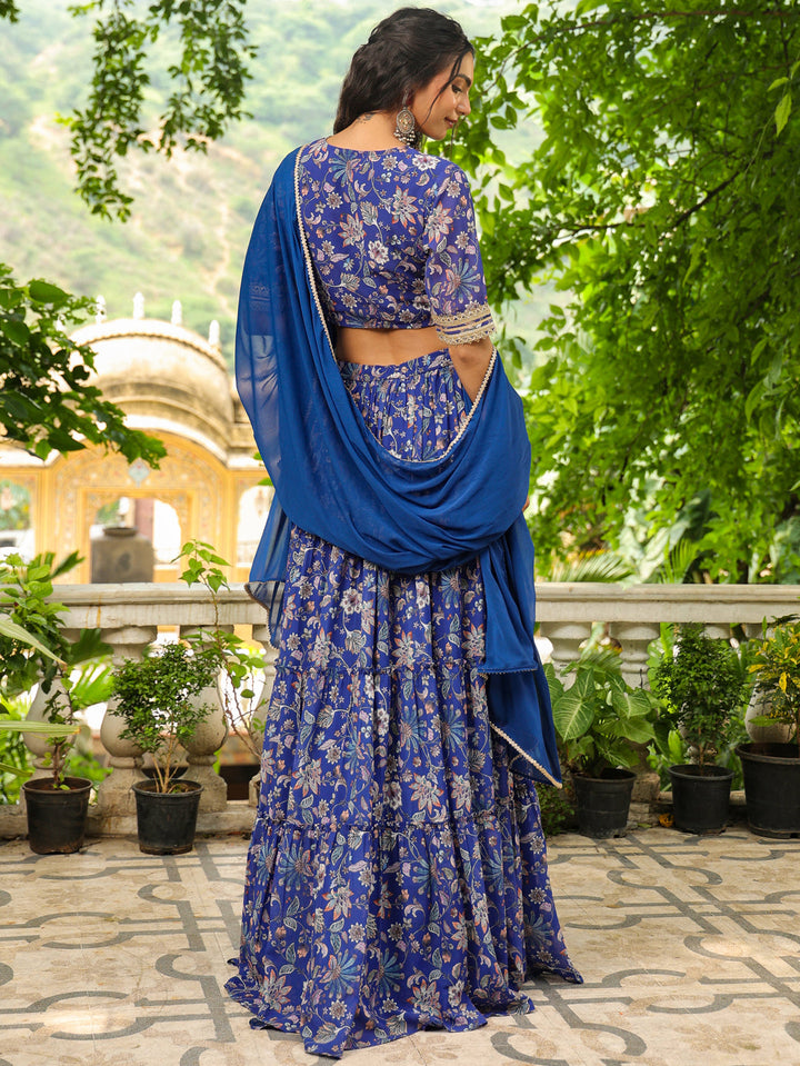 Blue Georgette Floral Printed Tiered Lehenga Choli Set  - By Janasya