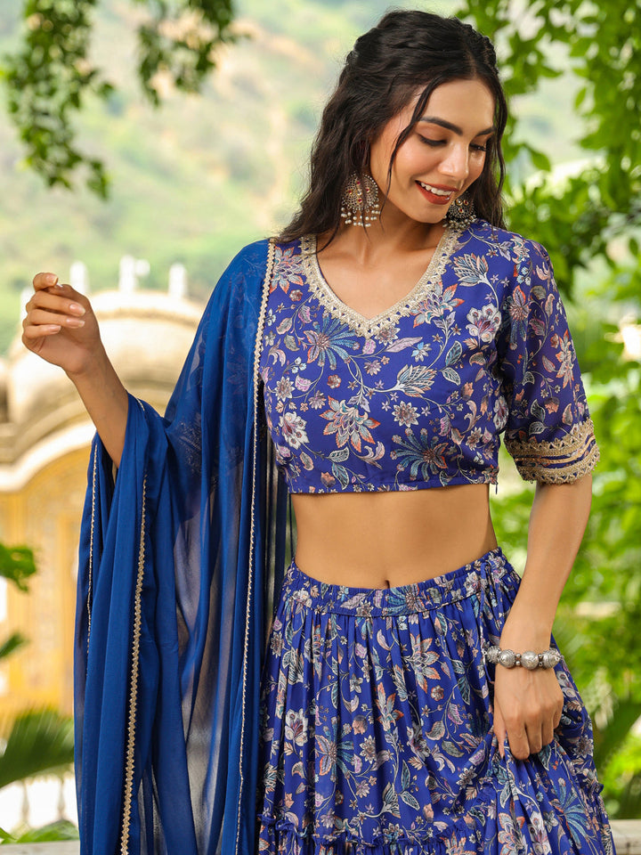 Blue Georgette Floral Printed Tiered Lehenga Choli Set  - By Janasya