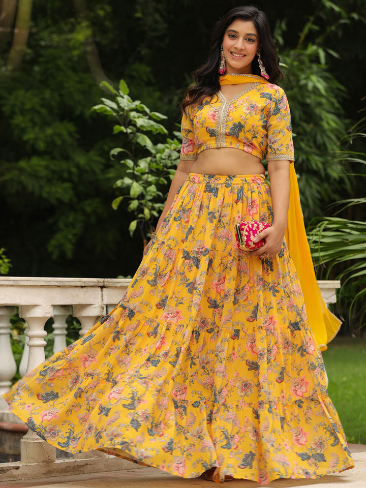 Yellow Georgette Floral Printed Tiered Lehenga Choli Set  - By Janasya