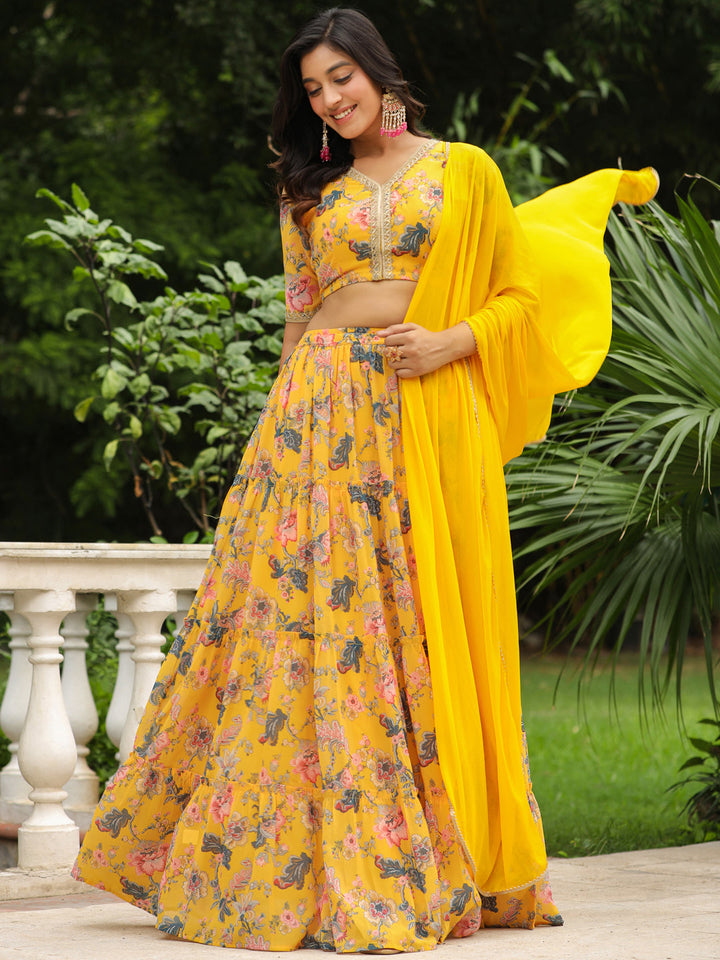 Yellow Georgette Floral Printed Tiered Lehenga Choli Set  - By Janasya