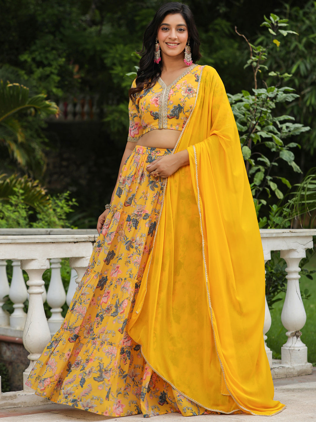 Yellow Georgette Floral Printed Tiered Lehenga Choli Set  - By Janasya