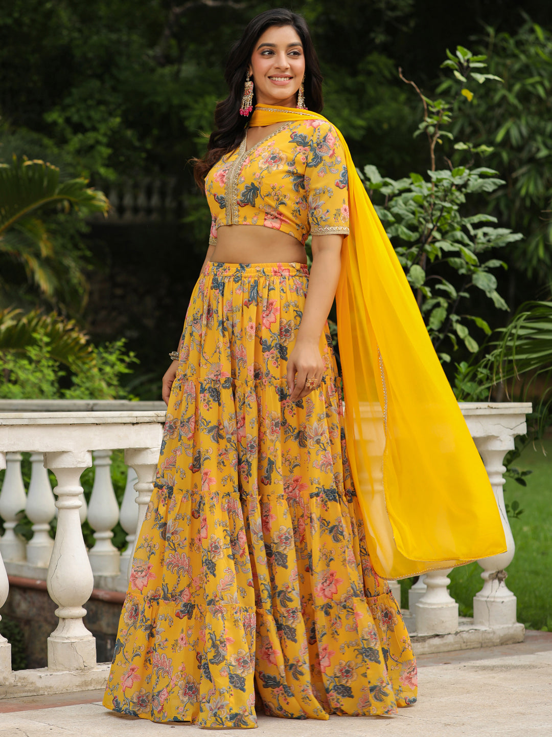 Yellow Georgette Floral Printed Tiered Lehenga Choli Set  - By Janasya