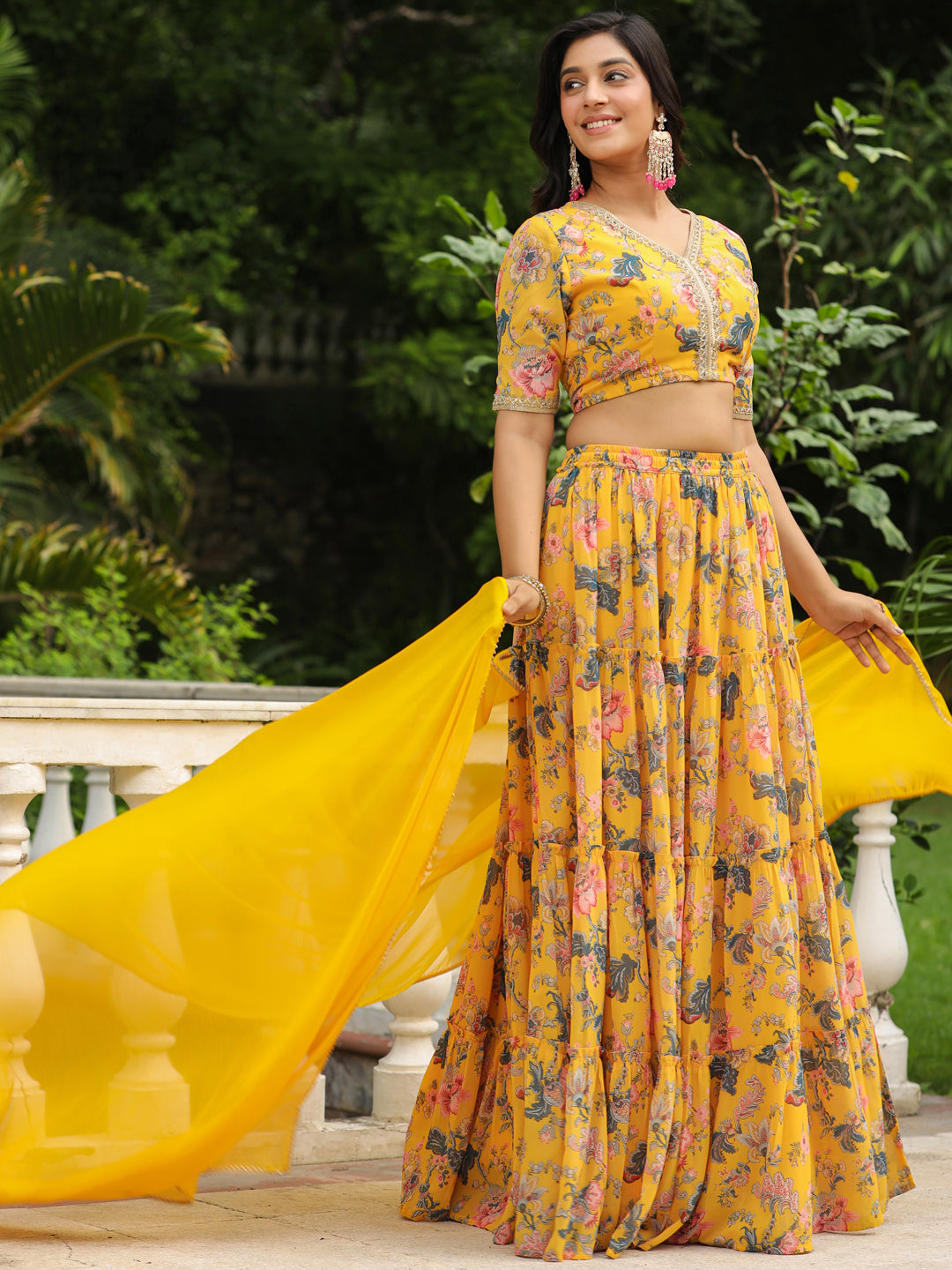 Yellow Georgette Floral Printed Tiered Lehenga Choli Set  - By Janasya