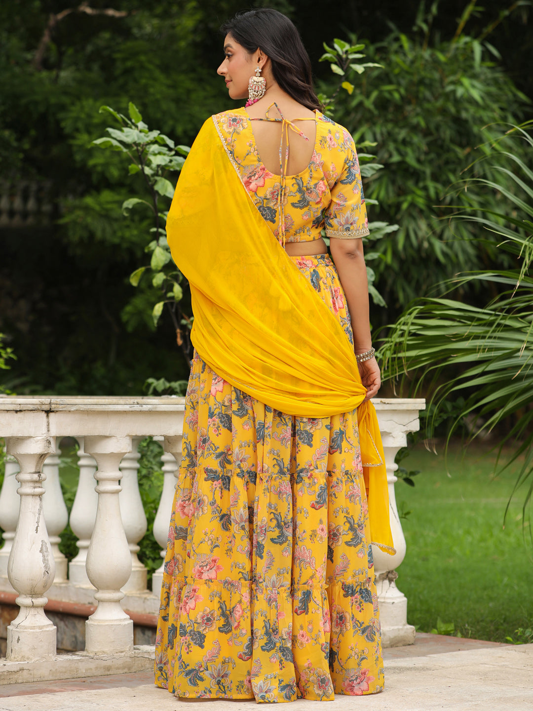 Yellow Georgette Floral Printed Tiered Lehenga Choli Set  - By Janasya